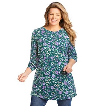 Woman Within Plus Size Perfect Printed Long-Sleeve Crewneck Tunic