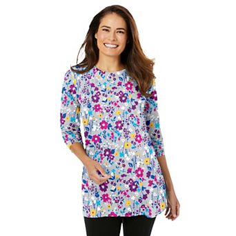 Woman Within Plus Size Perfect Printed Long-Sleeve Crewneck Tunic