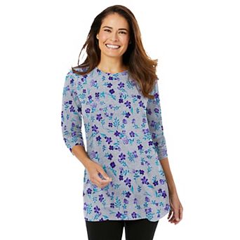 Woman Within Plus Size Perfect Printed Long-Sleeve Crewneck Tunic
