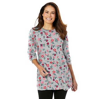 Woman Within Plus Size Perfect Printed Long-Sleeve Crewneck Tunic
