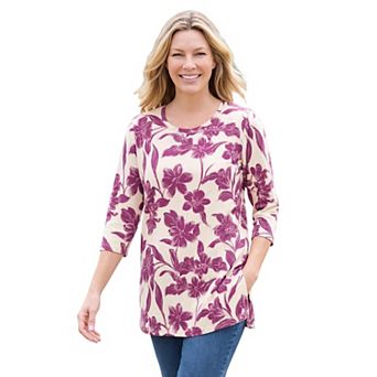 Woman Within Plus Size Perfect Printed Long-Sleeve Crewneck Tunic