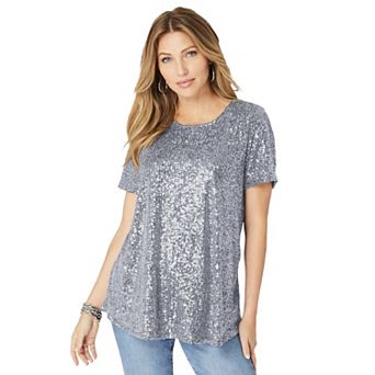 Roaman's Women's Plus Size Sequined Swing Tee