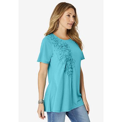 Roaman's Women's Plus Size 3-D Appliqued Swing Tee