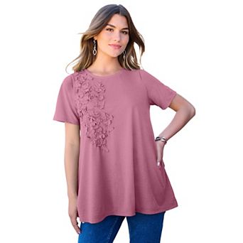 Roaman's Women's Plus Size 3-D Appliqued Swing Tee