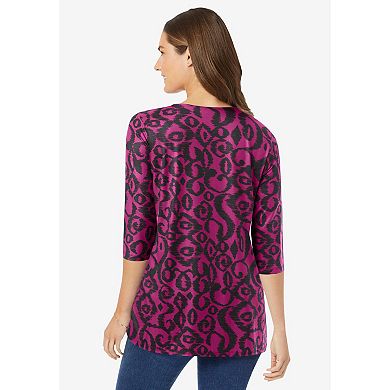 Woman Within Plus Size Contrast Notch-Neck Three-Quarter Sleeve Knit Tunic