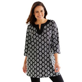 Woman Within Plus Size Contrast Notch-Neck Three-Quarter Sleeve Knit Tunic