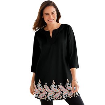 Woman Within Plus Size Contrast Notch-Neck Three-Quarter Sleeve Knit Tunic