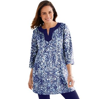 Woman Within Plus Size Contrast Notch-Neck Three-Quarter Sleeve Knit Tunic
