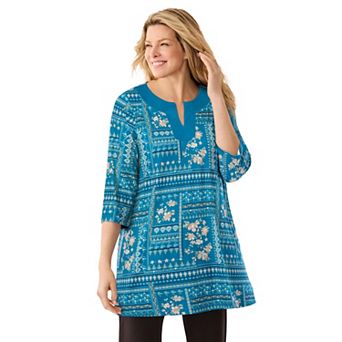 Woman Within Plus Size Contrast Notch-Neck Three-Quarter Sleeve Knit Tunic
