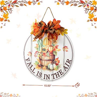 Glitzhome 15"d Wooden Round Word Sign Door Hanger, Fruit Patterns Wall Decor for Fall Harvest