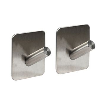 2 pc Adhesive Hooks, Towel Coat Hooks, Wall Hooks Stick On Bathroom Kitchen, Silver Tone