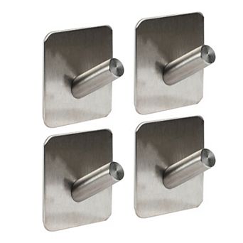 4 pc Adhesive Hooks, Towel Coat Hooks, Wall Hooks Stick On Bathroom Kitchen, Silver Tone