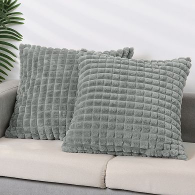Checked Faux Fur Plush Throw Pillow Covers Solid Soft Fuzzy Cozy Pillowcases 18" X 18"