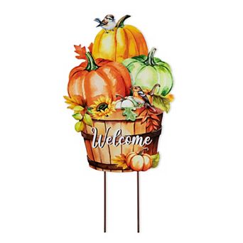Glitzhome 30.25"h Pumpkins With Barrel Yard Stake, Metal Garden Stake for Fall Harvest