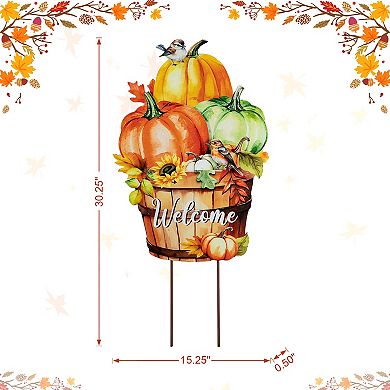 Glitzhome 30.25"h Pumpkins With Barrel Yard Stake, Metal Garden Stake for Fall Harvest