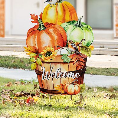 Glitzhome 30.25"h Pumpkins With Barrel Yard Stake, Metal Garden Stake for Fall Harvest