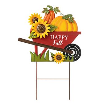 Glitzhome 30"h Metal Wheel Barrow Pumpkin Yard Stake, Metal Hanging Wall Decor for Fall Harvest
