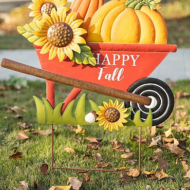 Glitzhome 30"h Metal Wheel Barrow Pumpkin Yard Stake, Metal Hanging Wall Decor for Fall Harvest