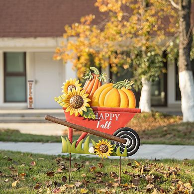 Glitzhome 30"h Metal Wheel Barrow Pumpkin Yard Stake, Metal Hanging Wall Decor for Fall Harvest