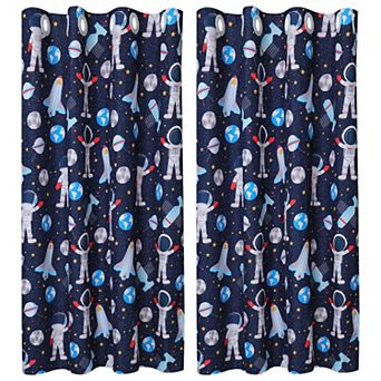 2 Panel Window Curtains For Kid's Bedroom, Astronaut Pattern 52"w X 63"l
