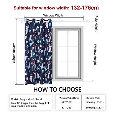 2 Panel Window Curtains For Kid's Bedroom, Astronaut Pattern 52"w X 63"l