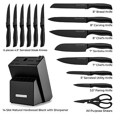 Zulay Kitchen 15 Piece Professional Knife Block Set with Built-In Sharpener