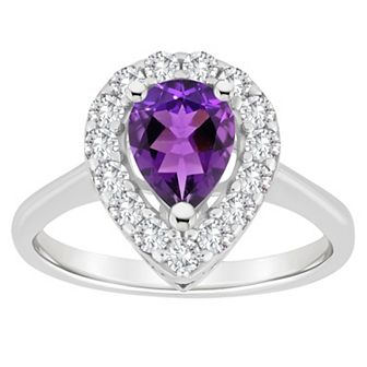 Celebration Gems Sterling Silver Pear Shape Gemstone Halo Ring