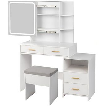 Stylish Multi-Functional Vanity Dressing Table with 4 Drawers, 2 Shelves, and LED Light