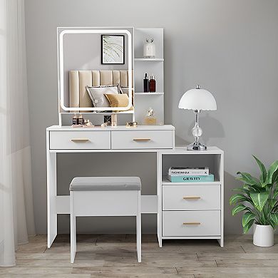 Stylish Multi-Functional Vanity Dressing Table with 4 Drawers, 2 Shelves, and LED Light