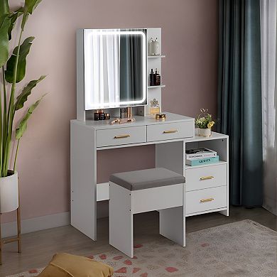 Stylish Multi-Functional Vanity Dressing Table with 4 Drawers, 2 Shelves, and LED Light