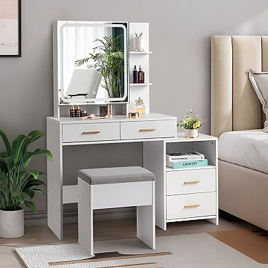 Stylish Multi-Functional Vanity Dressing Table with 4 Drawers, 2 Shelves, and LED Light