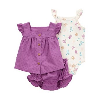 Baby Girl Carter's 3 pc Button-front top, Seahorse Bodysuit & Diaper Cover Set
