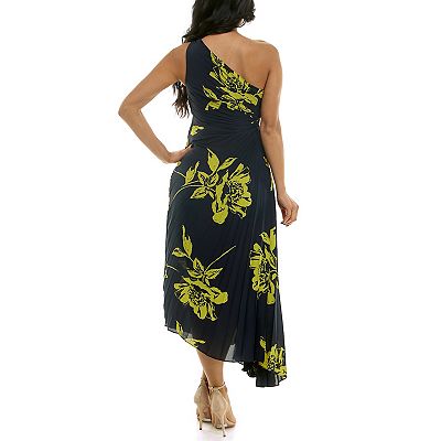 ivy pleated one shoulder dress Metallic One Shoulder Pleated Lace Up Back Trumpet Dress with Side Cascade missy / 0 / dark-green