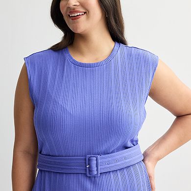 Plus Size Nine West Belted Rib Midi Dress