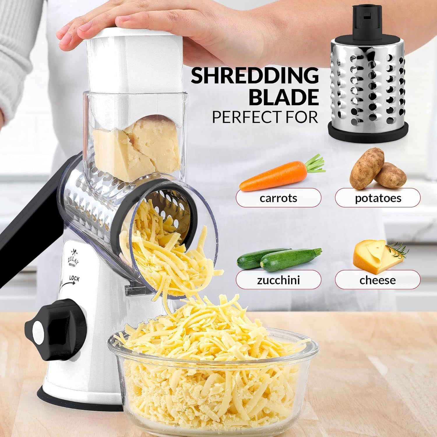 Gorilla Grip Rotary Cheese Grater & Slicer - 3 Interchangeable Blades, Suction Cup Base, Dishwasher Safe