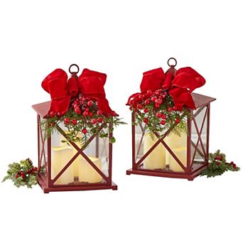 BrylaneHome 14H Red Christmas Lantern With Led Candles