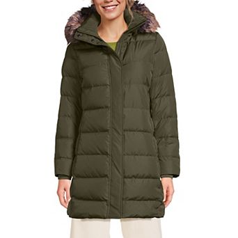 Petite Lands' End Down Puffer Faux Fur Trim Hooded Winter Parka Coat
