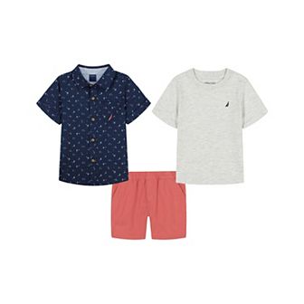 Boys 4-12 Nautica 3 pc Printed Shirt, Jersey Tee & Shorts Set