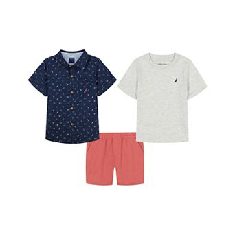 Boys 4-12 Nautica 3 pc Printed Shirt, Jersey Tee & Shorts Set