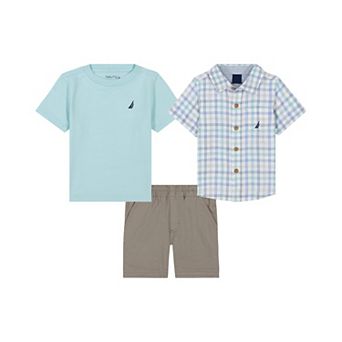 Boys 4-12 Nautica 3 pc Printed Shirt, Jersey Tee & Shorts Set