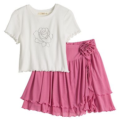 Girls 7-16 Rewind 2-Piece Rose Embellished Top & Skirt Set