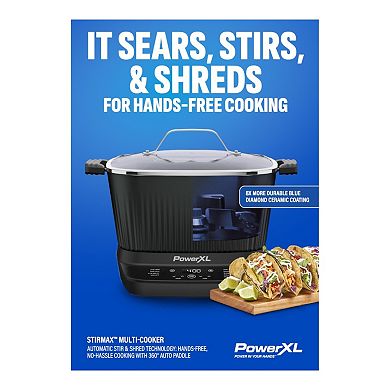 PowerXL StirMax 7.5 Qt. Blue Diamond Coated Multi Cooker with Auto Stir/Shred Paddle & 9 Presets