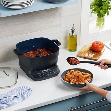 PowerXL StirMax 7.5 Qt. Blue Diamond Coated Multi Cooker with Auto Stir/Shred Paddle & 9 Presets