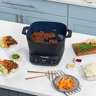PowerXL StirMax 7.5 Qt. Blue Diamond Coated Multi Cooker with Auto Stir/Shred Paddle & 9 Presets
