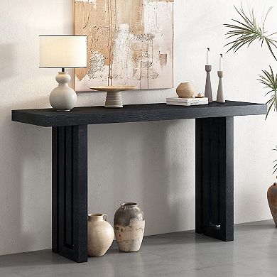 Oak Veneer Console Table With Distinctive Side Shapes