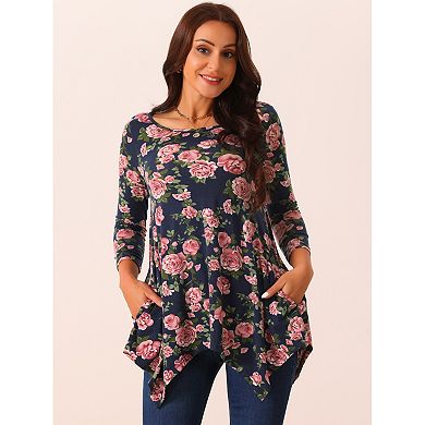 Women's Scoop Neck 3/4 Sleeve Asymmetrical Hem Floral Tunic Blouse Tops With Pockets