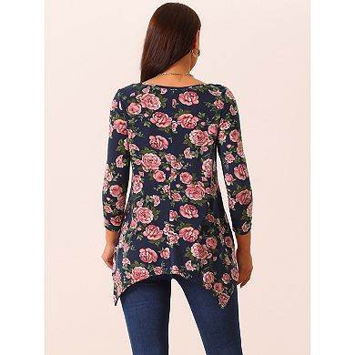 Women's Scoop Neck 3/4 Sleeve Asymmetrical Hem Floral Tunic Blouse Tops With Pockets