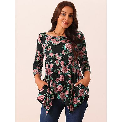 Women's Scoop Neck 3/4 Sleeve Asymmetrical Hem Floral Tunic Blouse Tops With Pockets