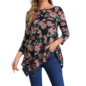 Women's Scoop Neck 3/4 Sleeve Asymmetrical Hem Floral Tunic Blouse Tops With Pockets