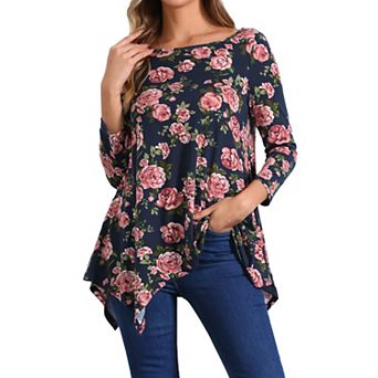 Women's Scoop Neck 3/4 Sleeve Asymmetrical Hem Floral Tunic Blouse Tops With Pockets